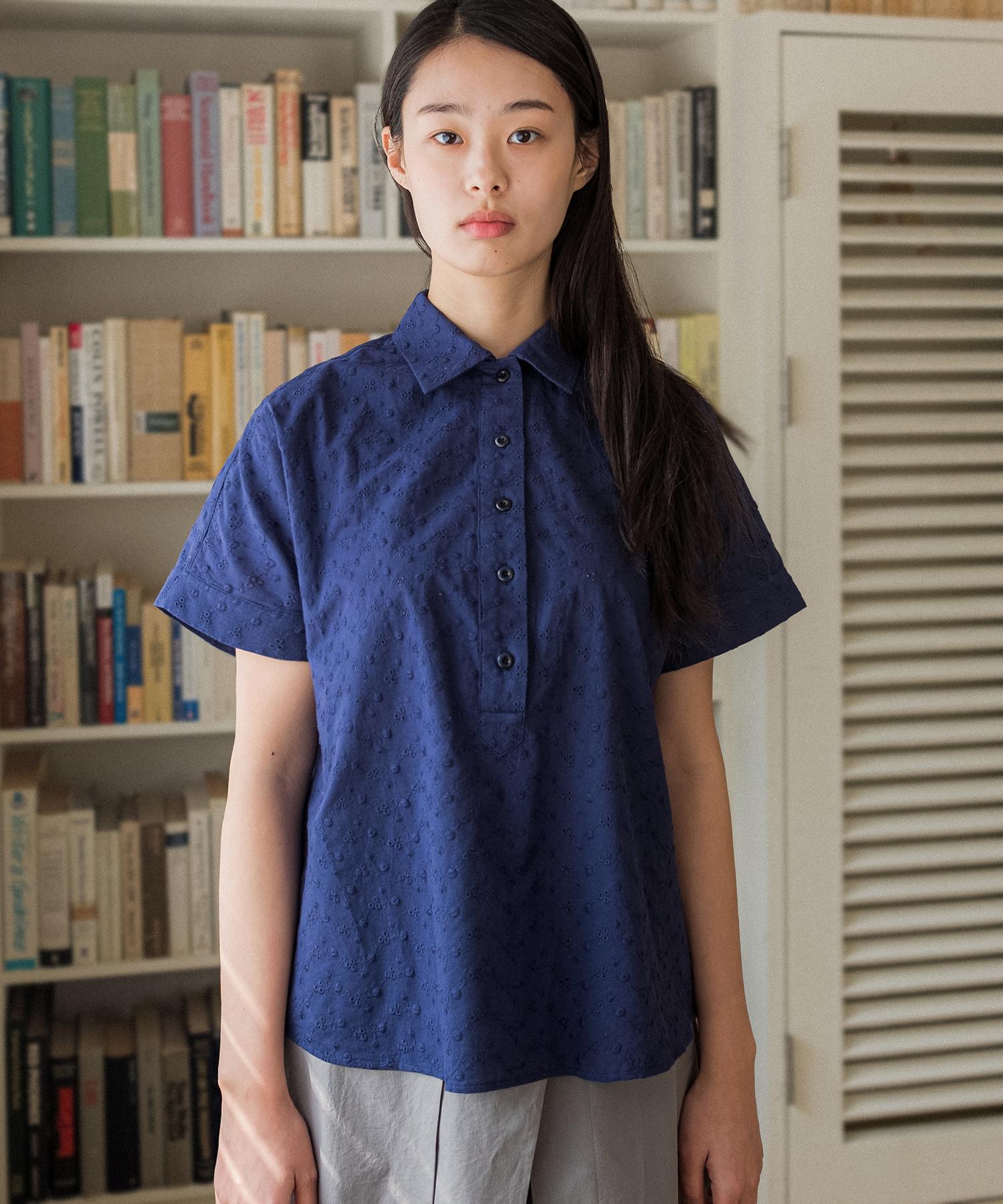 Cotton Bell Embroidered Half-Open Shirt - Navy Navy/Free