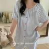 Cotton Washed Yarn-dyed Double-layer Yarn Round Neck Short-sleeved Trousers Pullover Pajamas Simple Plaid Loungewear Cream Plaid