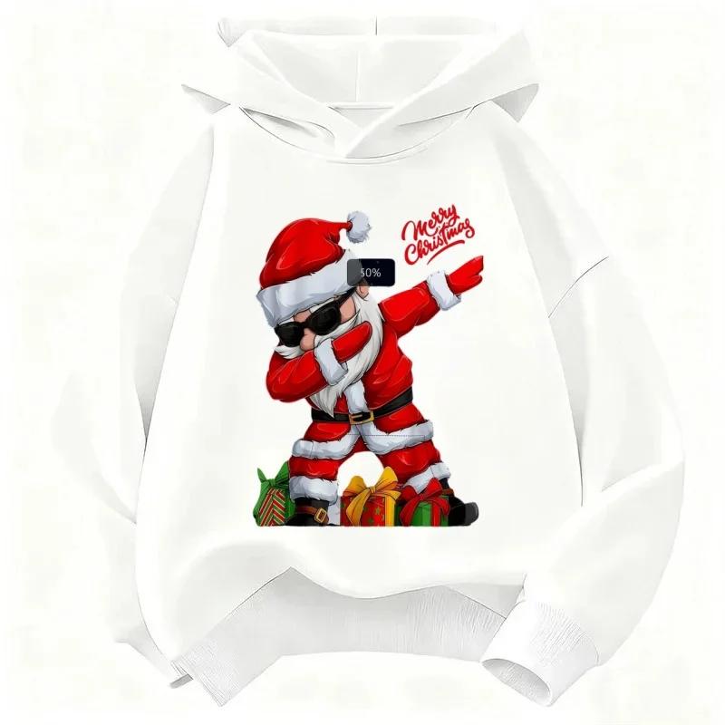 Fun festive hooded sweatshirt for kids,cool Santa art print with Merry Christmas lettering, skin-friendly fabric, easy matching for holiday occasions.