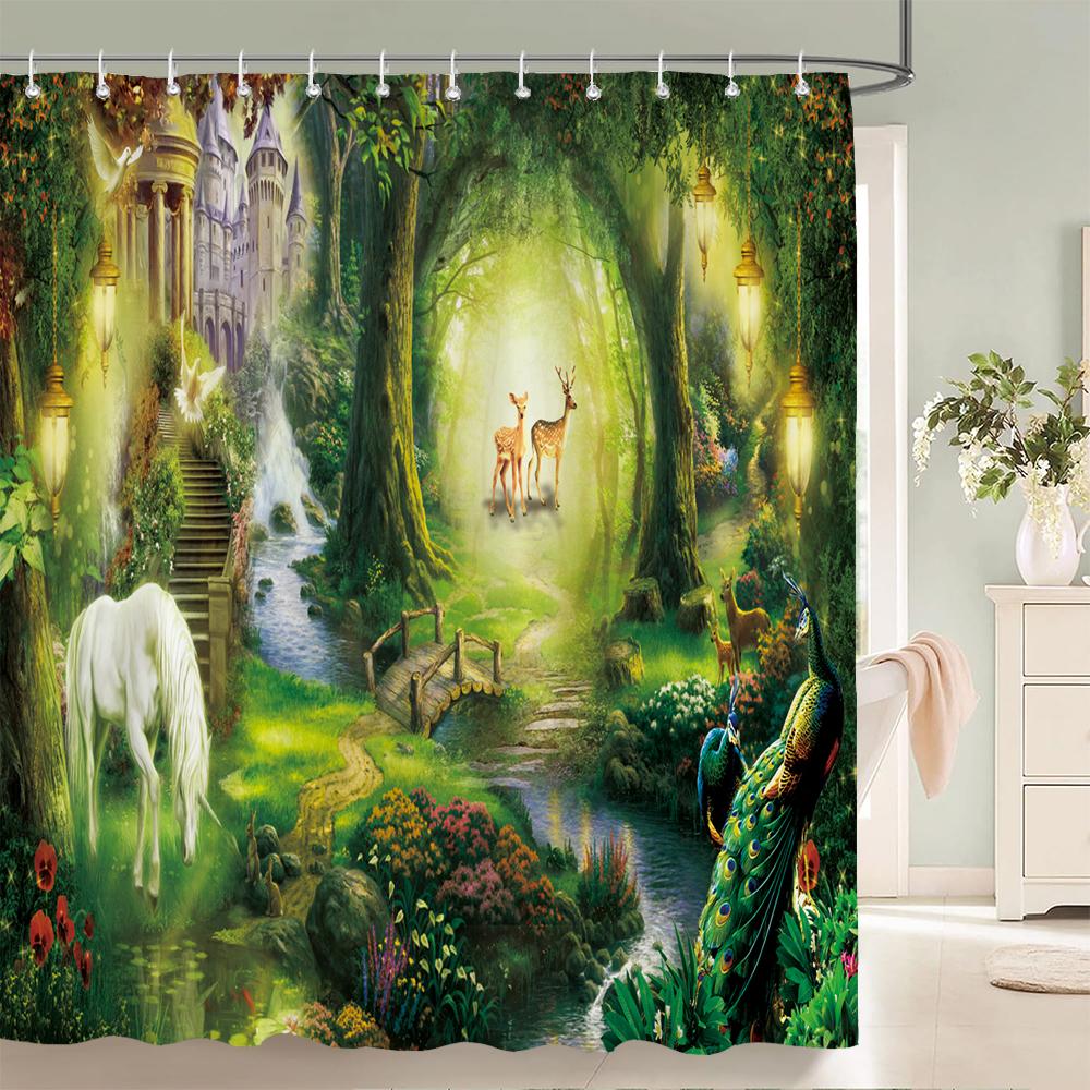 3D Fantasy Waldlandschaft bedruckter Duschvorhang wasserdichter Polyester-Badevorhang Badezimmerdekoration mit Haken Vorhang