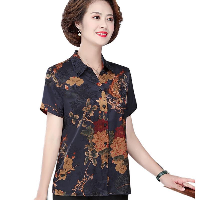 Silk Xiangyunsha Short-Sleeve Top for Middle-Aged Women