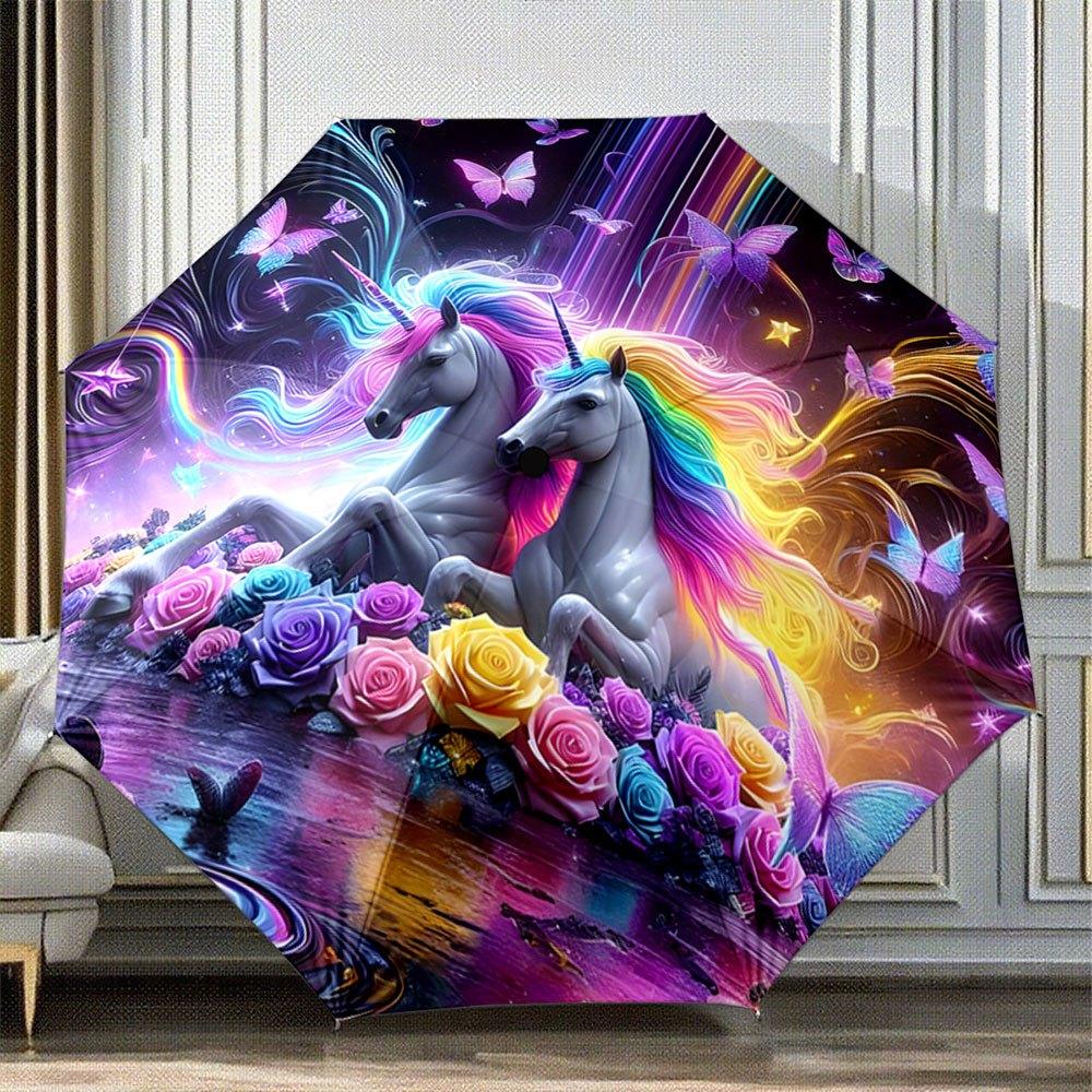 

Automatic Folding Umbrella Two unicorns with rainbow manes surrounded by colorful roses and butterflies. Portable collapsible