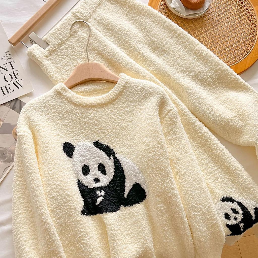 Winter Dickes Plüsch Nachtwäsche Zweiteiliges Set Damen Süß Niedlich Cartoon Panda Pyjama Flanell Fleece Loungewear Pijamas Homewear