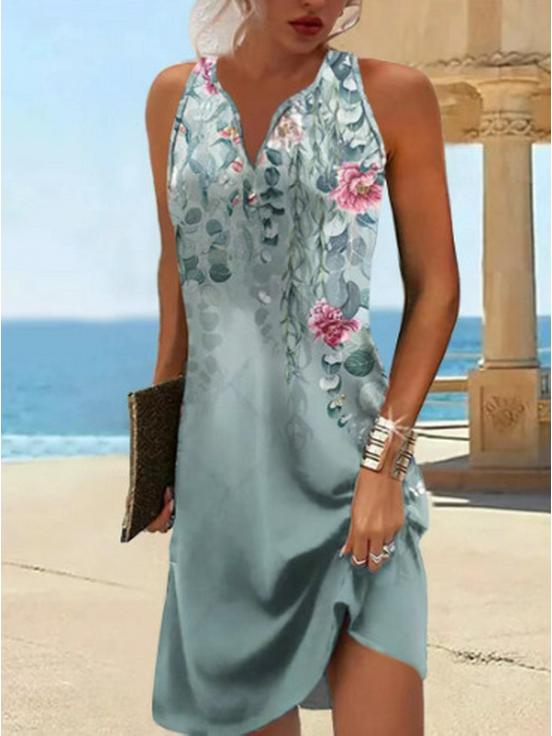 European and American Women's Floral Button A-line V-neck Sleeveless Dress, 2024 Fashion Trend.