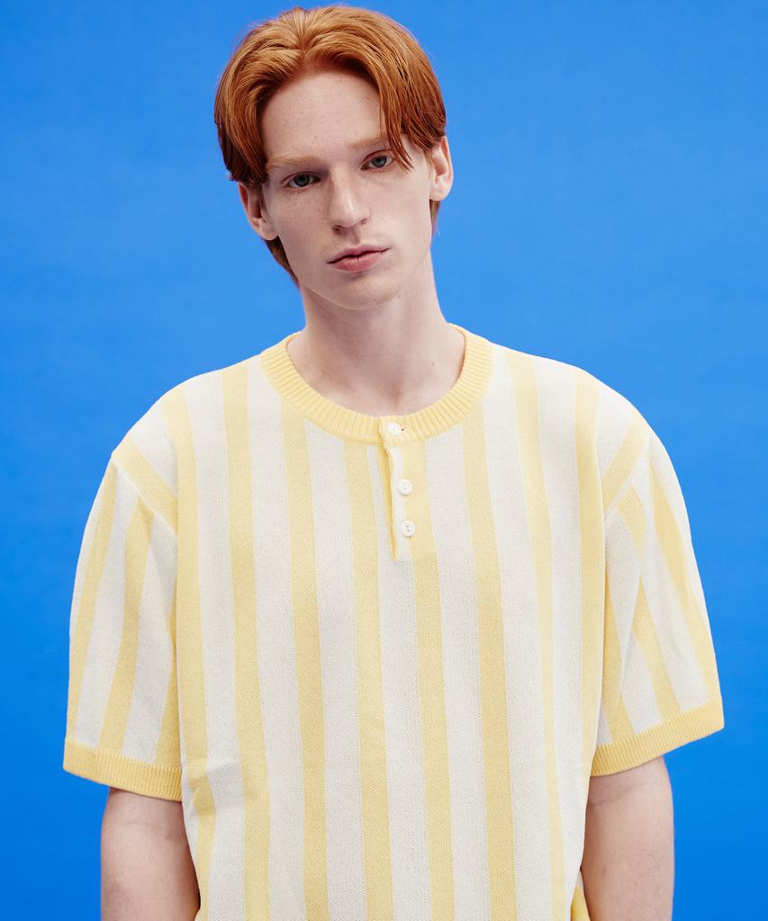 WAIKEI Striped Henley Neck Short Sleeve Knit Light Yellow