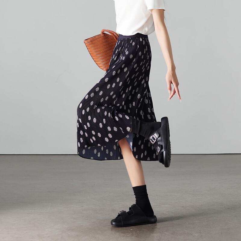 SOFSIL 2026 Summer Retro Chic Black Polka Dot Pleated Mid-Length Skirt 29/XL