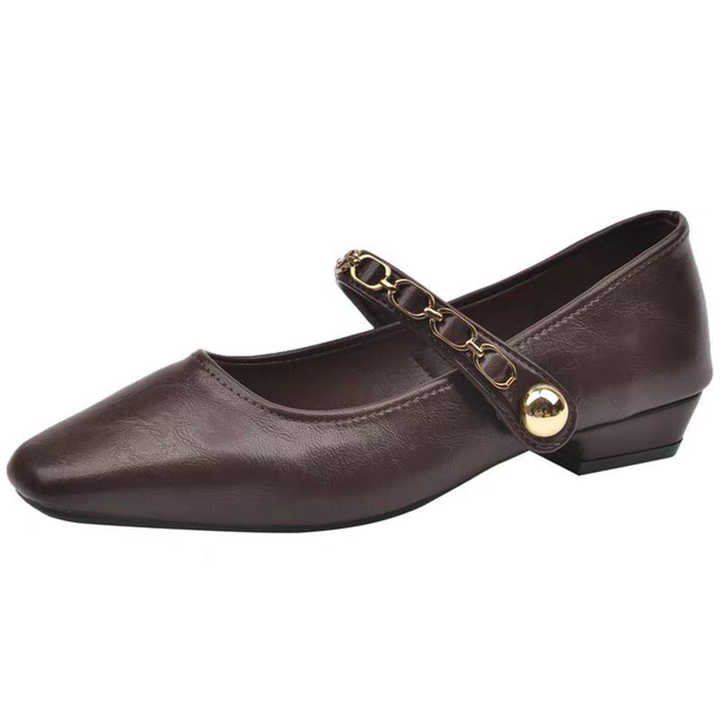 French retro single shoes women's 2025 spring new low-heeled square head fashion one-word buckle with shallow mouth Mary Jane shoes