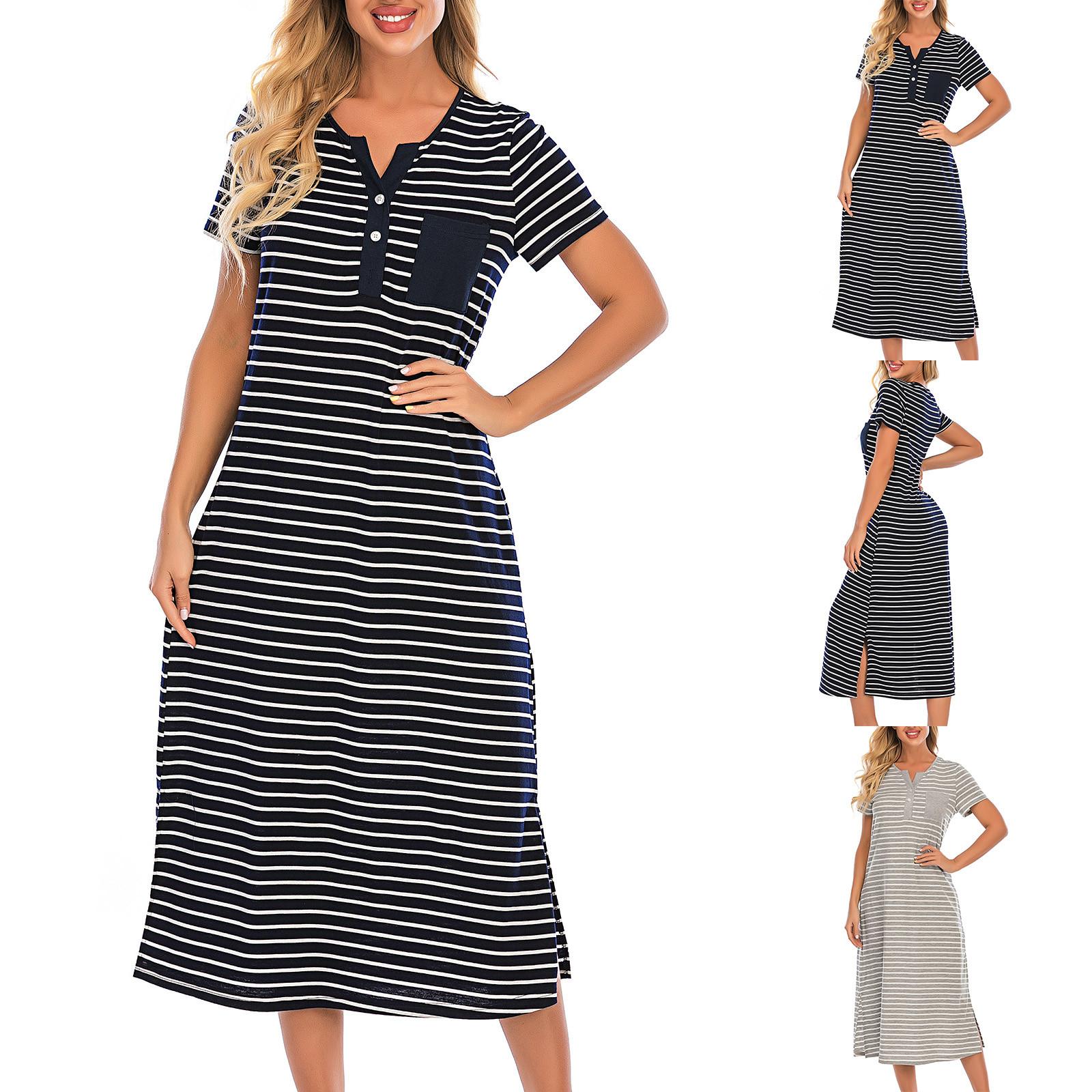 

Women s Fashion Casual Stripe Short Sleeve Pocket Button Sexy Dress