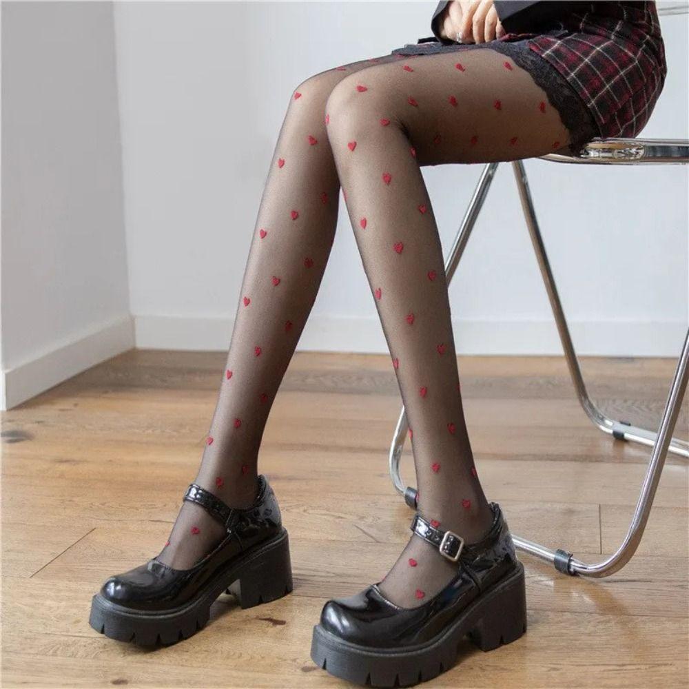 Christmas Gifts Female Alluring Hosiery Red Heart Print Pantyhose Exquisite Silk Stockings