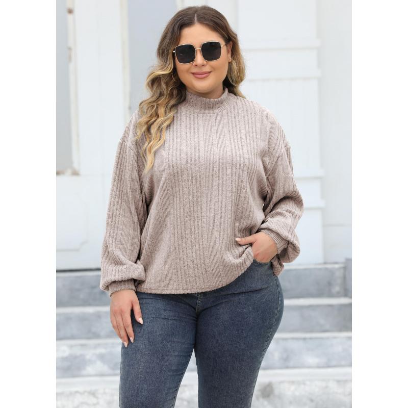 Damen Pullover Top Frühling und Herbst Neu Übergröße Damen Halbpullover T-Shirt Beflocktes Geripptes Basic-Shirt