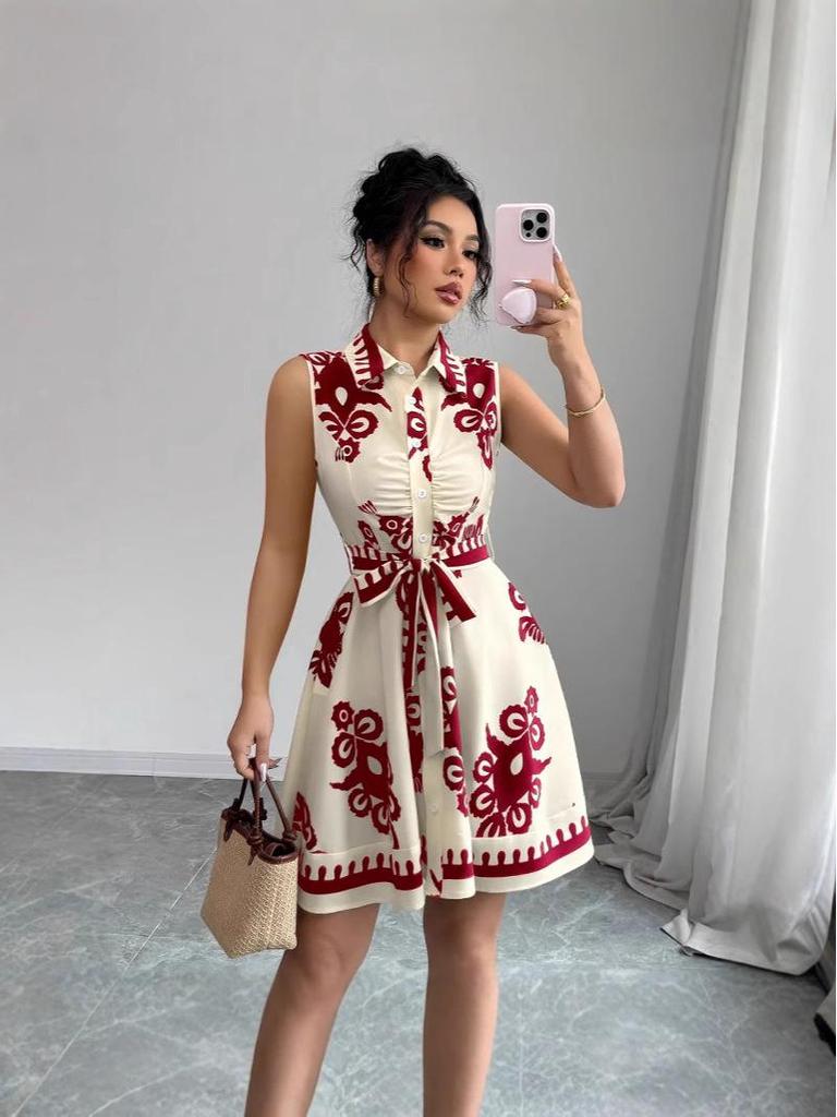 2025 European & American Women's Summer Print Dress Set with Slimming Design