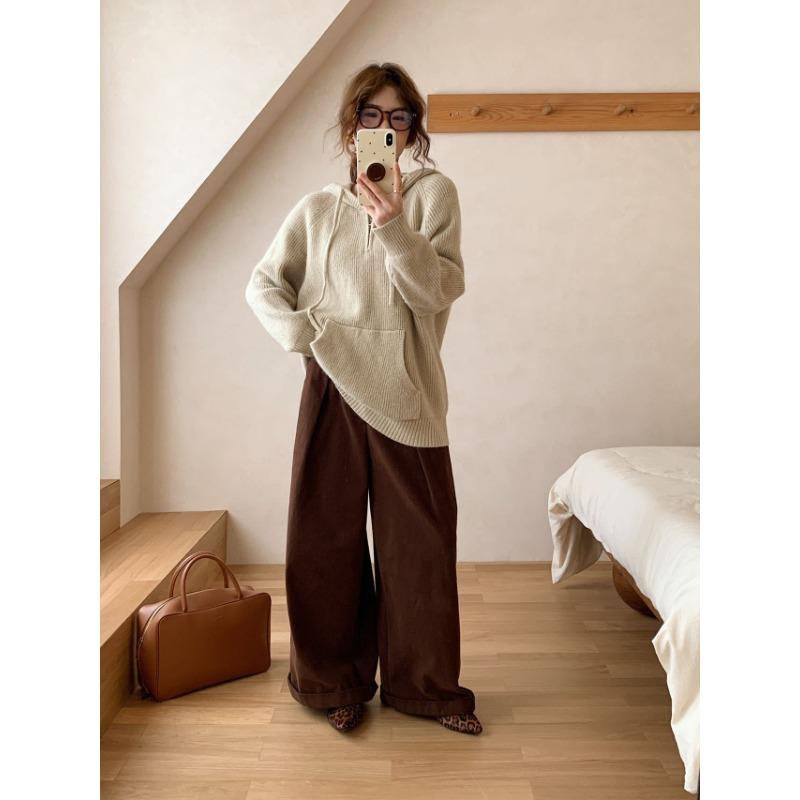 Autumn and Winter New Pullover Sweater Women's Half Zipper Hooded Casual Lazy Wind Outside Knitted Sweater Top