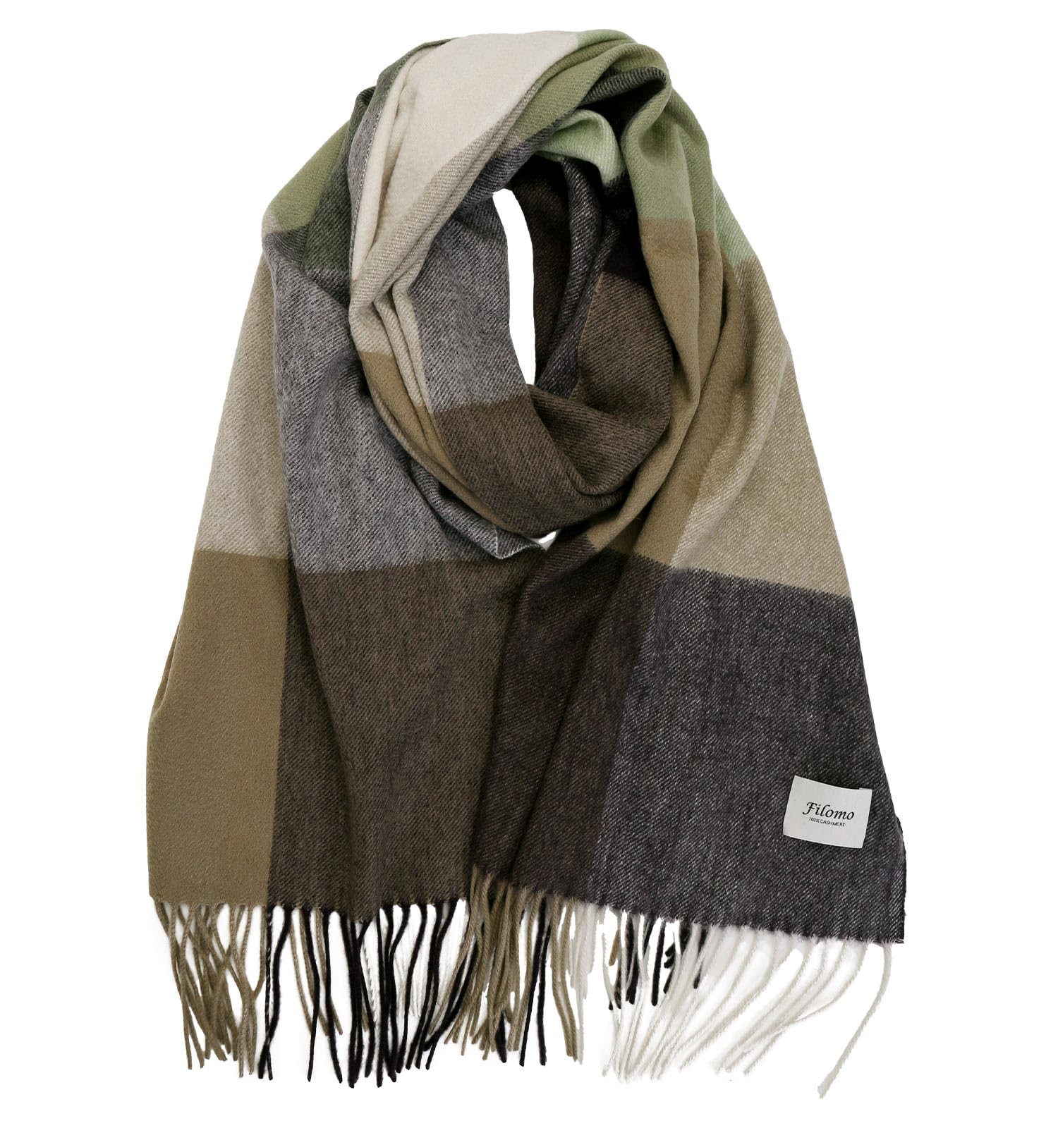 Filomo Cashmere 100% Muffler Large Stole Scarf for Women Men Ultra Soft Luxury Wrap (Large Size, Nuance Green Check)