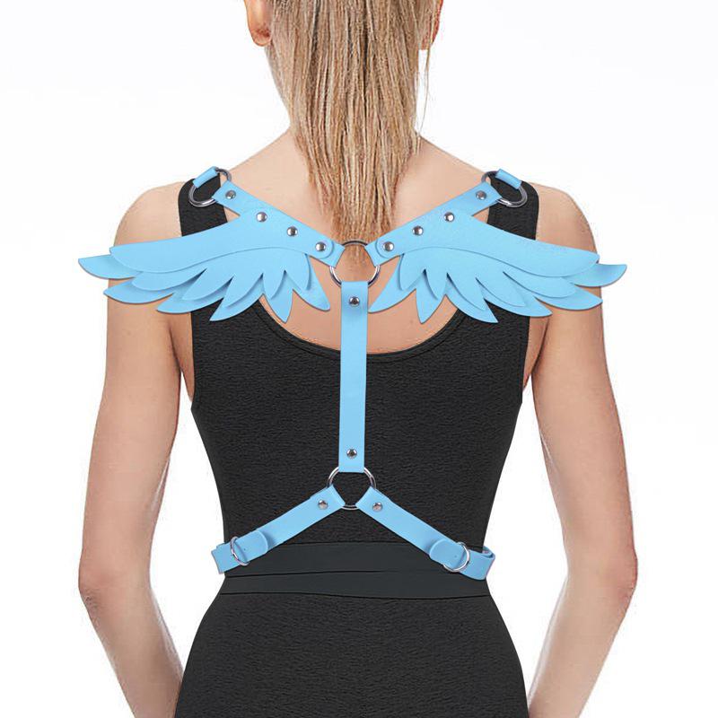 

Женский кожаный панк-топ-портупея с крыльями ангела и ремешками
