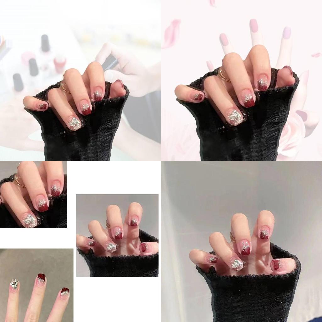 Chestnut Red Handmade Gel Nail Stickers Cherry Color Nail Patch Short French Heart Nail Art