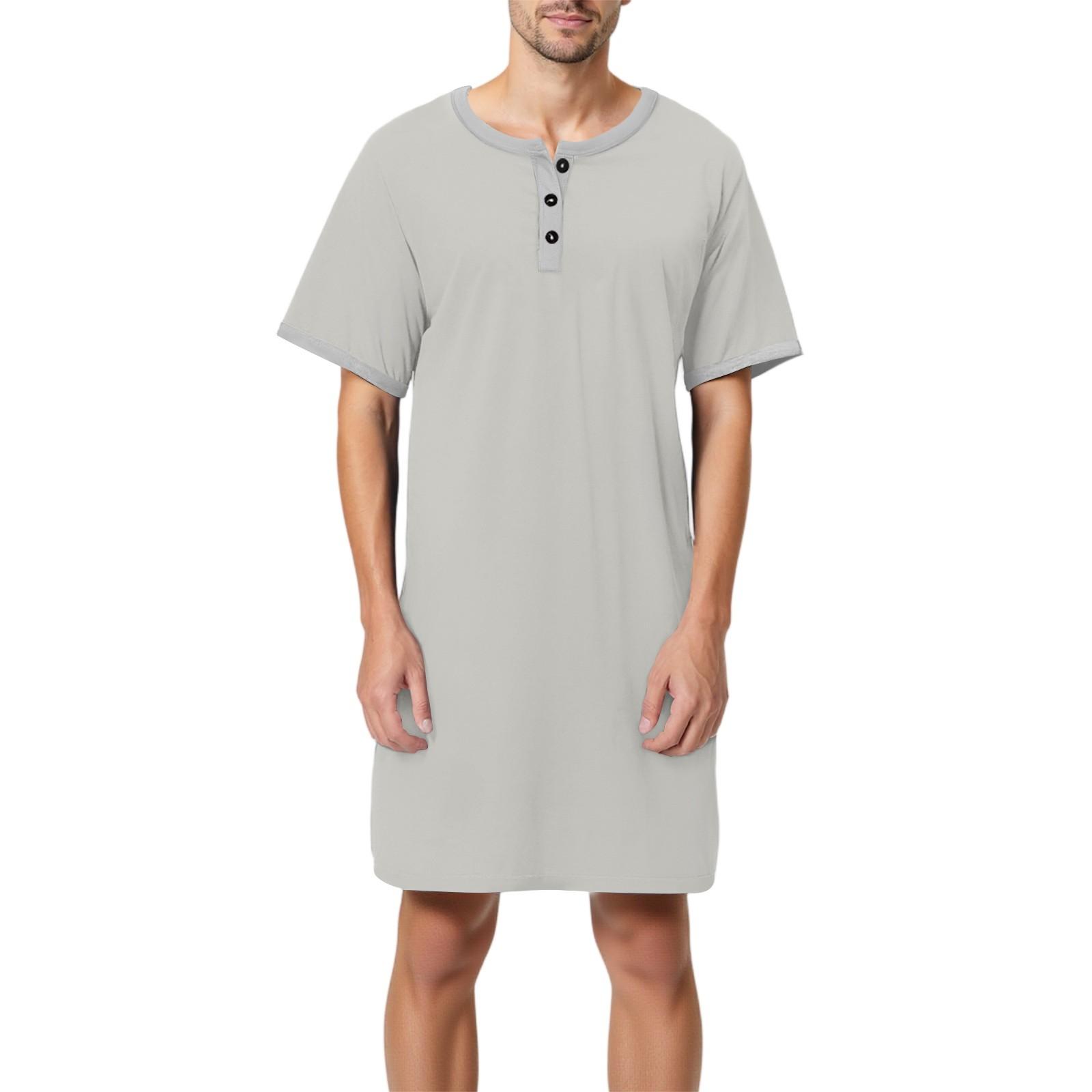 Mianduijifengba Heren effen katoenen pyjama met korte mouwen, overhemdkraag, lange losse pyjama, huiskleding XXL