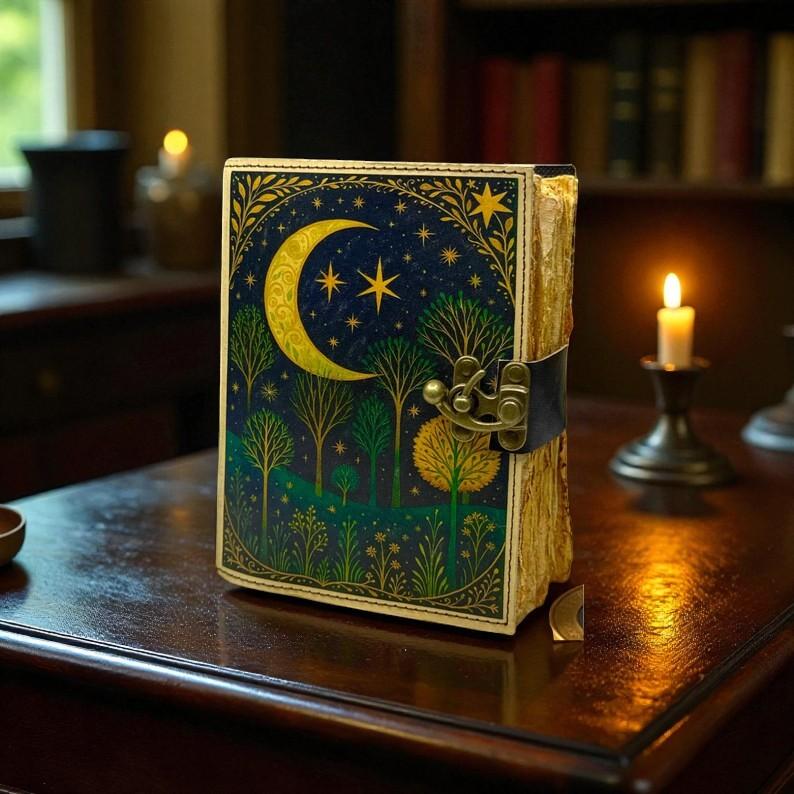 Handmade Leather Moonlight Forest Journal – Mystic Night Sky Design with Deckle Edge Vintage Paper, 5x7” Artisan Notebook 200 Pages