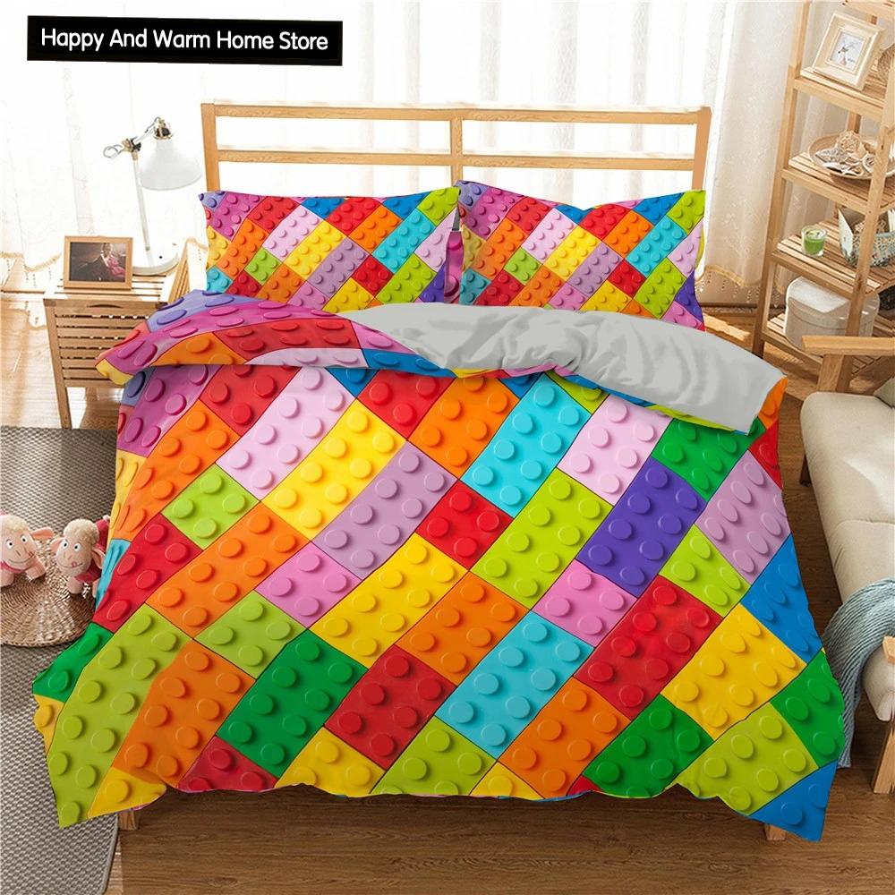 Building Block King Queen Duvet Cover Colorful Brick Bedding Set for Boys Teens Adults Cartoon 2/3pcs Polyester Comforter Cover