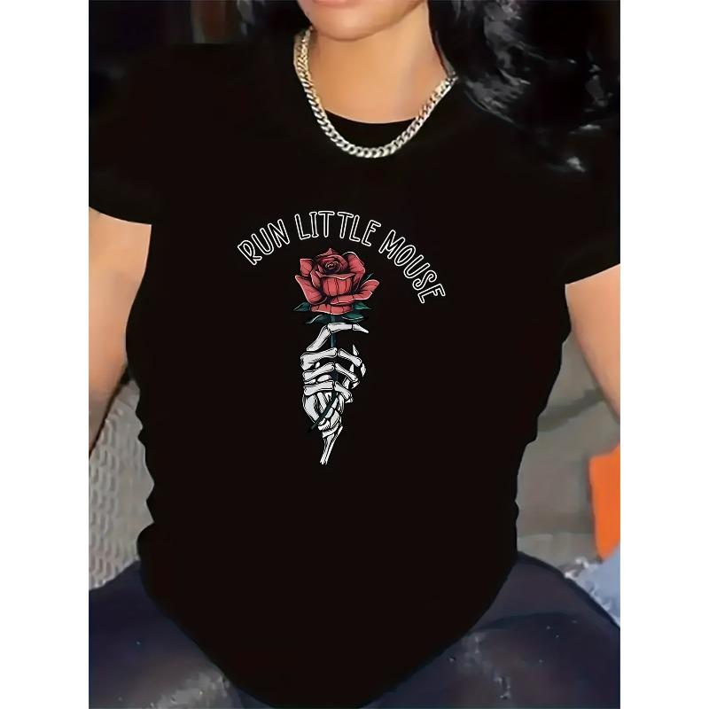 

Unisex Black White Rose Print Tee Round Neck Short Sleeve Durable Soft Fabric Comfortable Machine Washable All Season Casual Elegant Everyday 4XL чорний