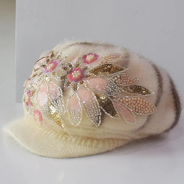 WTEMPO Warm Solid Color Sequins Flowers Plush Hats Women Autumn Winter Retro Vintage Cold-proof Windproof Hats