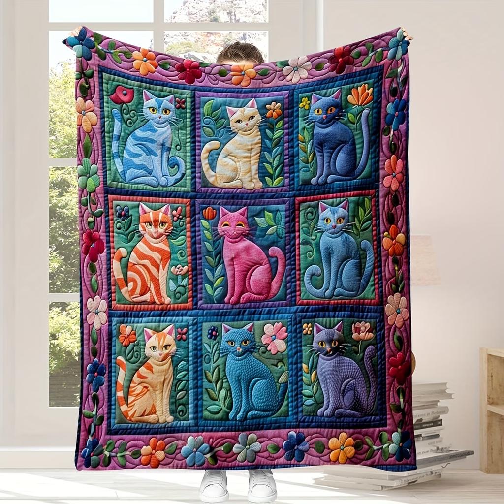Vintage Patchwork Dinosaur Flat2D Digital Print Flannel Throw Blanket - Soft Warm and Living Room Blanket for Multiple Patchw