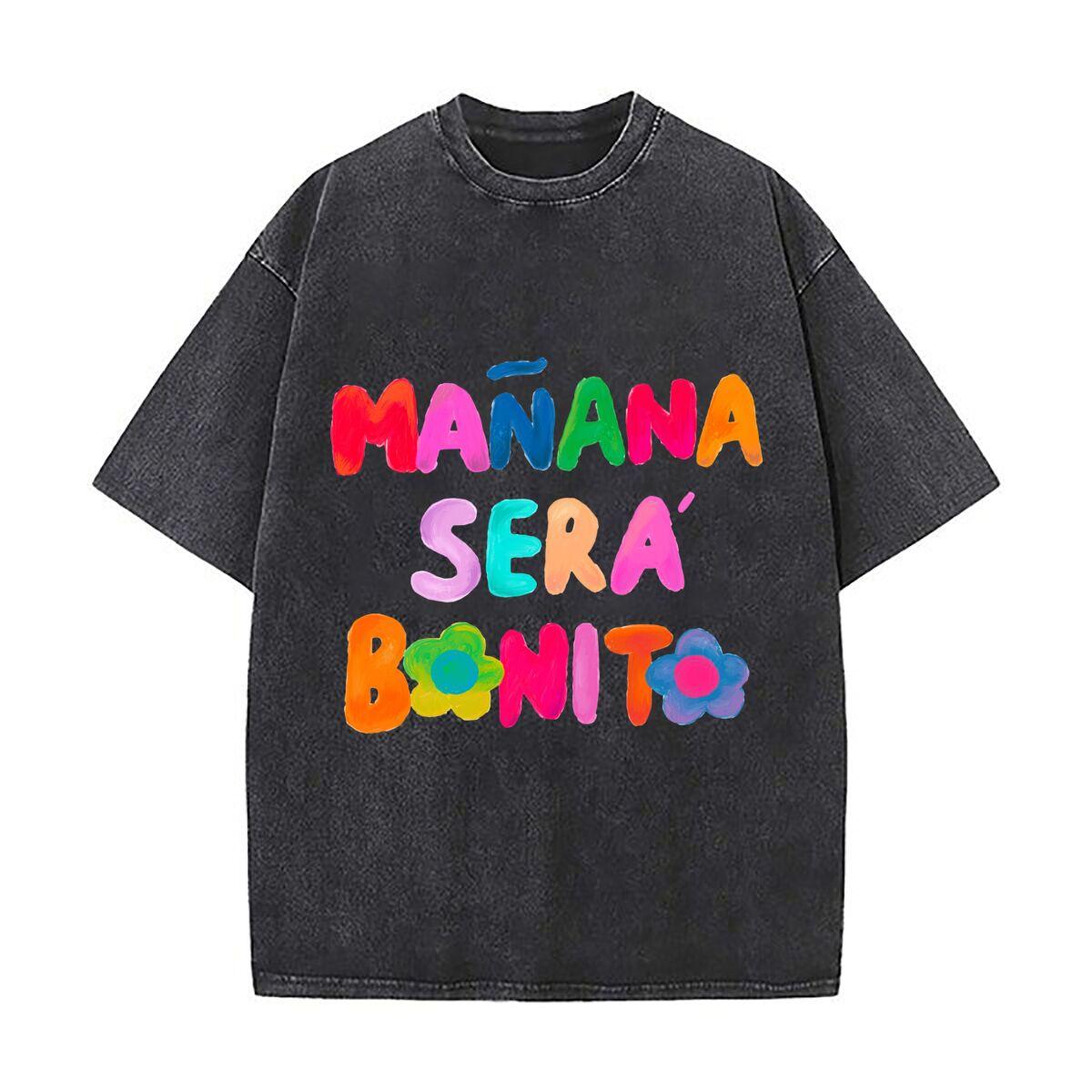 Manana Sera Bonito Spanish Text Art Daily Commute Vintage Distressed T Shirt Loose Washed Sleeve S