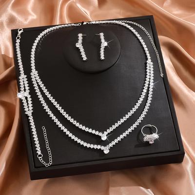 5PC Women's Fashion Zircon Copper Necklace Earrings Bracelet Ring Zircon Set Suitable for Wedding, Party, Festival Gifts-8573