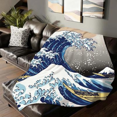 Printing The Great Wave Off Kanagawa Blanket For Sofa Office Bed Plane Travel Sleep Read Relax Camping Soft And Warm