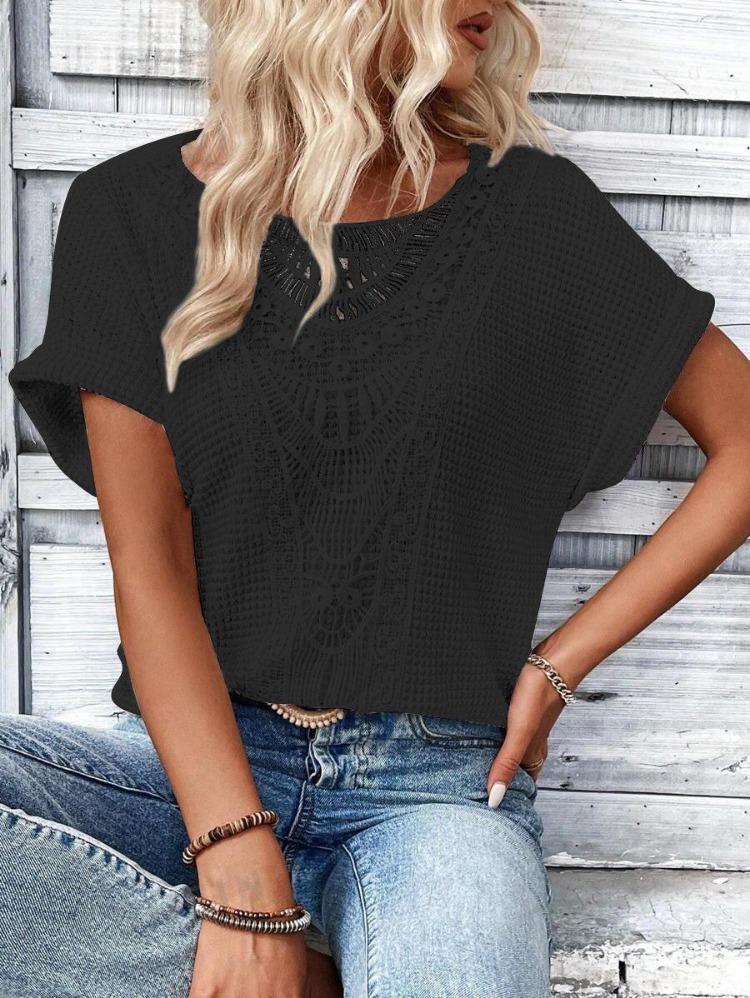 Wiosna Lato Damska Moda T-Shirt Europejski Amerykański Modny Kolekcja Krótki Rękaw Koronkowe Szycie