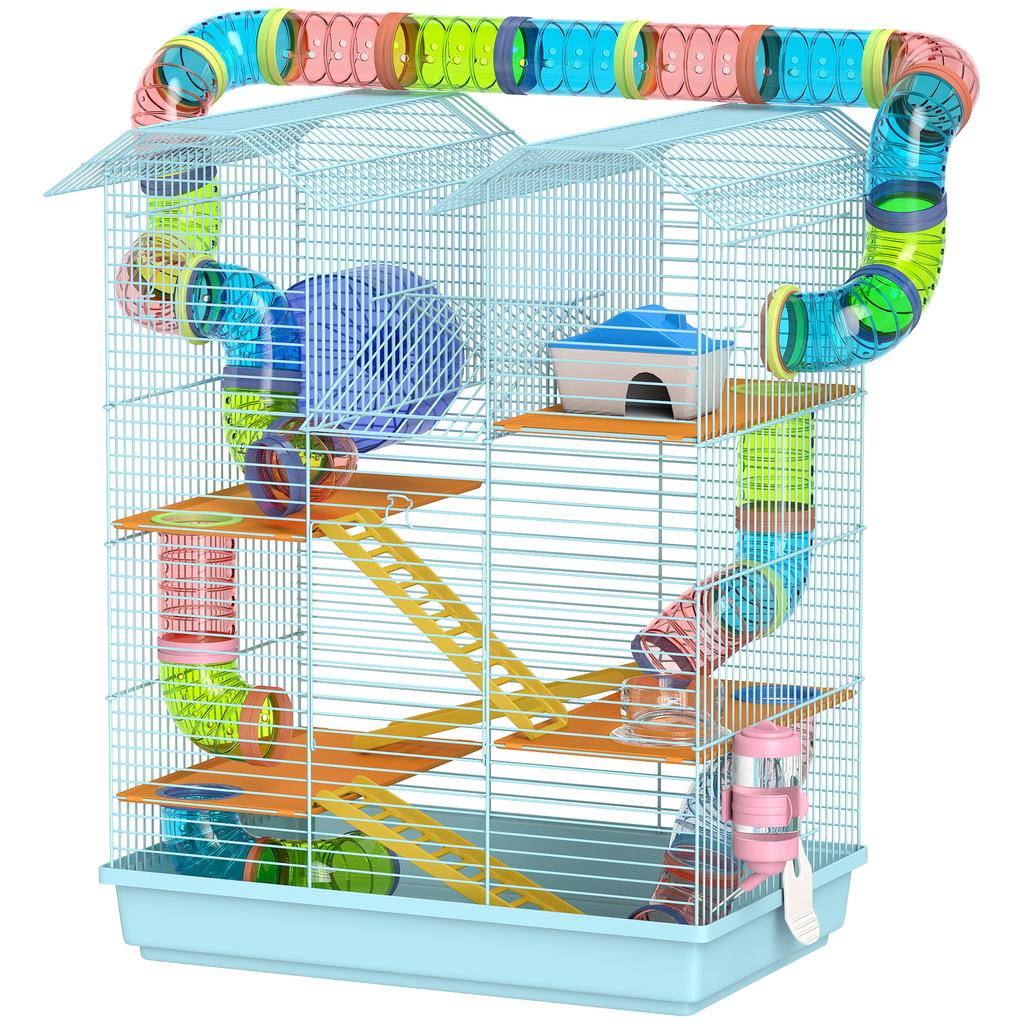 5-Tier Hamster Cage with Colorful Tubes, Wheel, House and Accessories, 47x30x59 cm, Blue