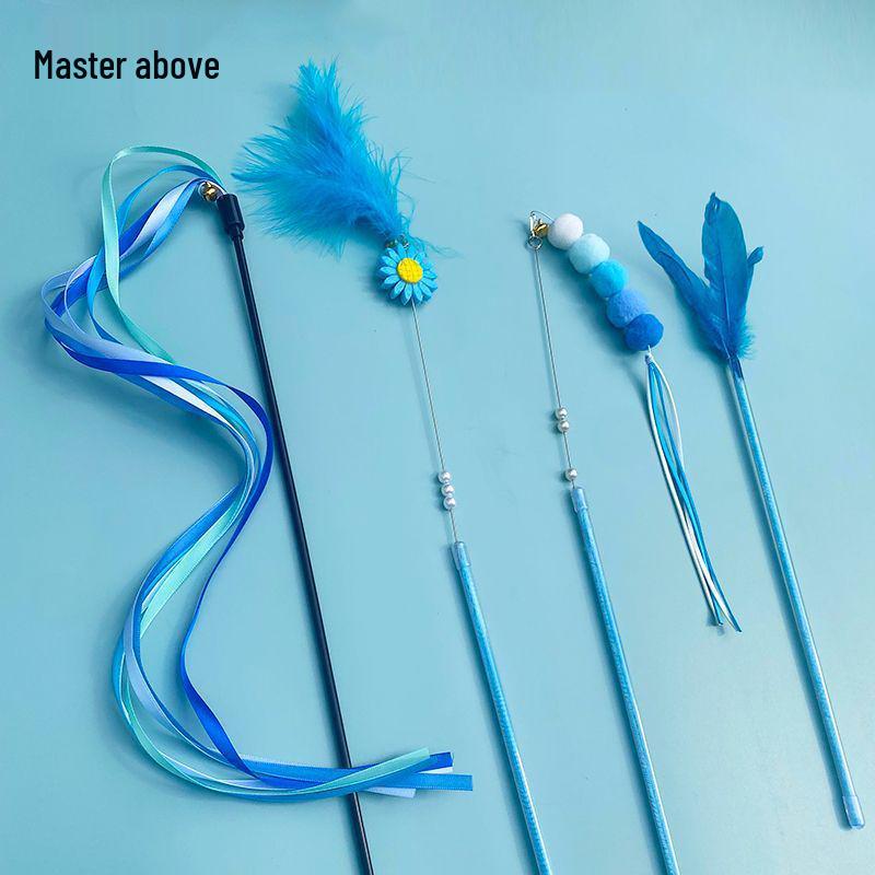 

Длинная удочка-дразнилка для кошек с разноцветными перьями - Ручная работа, прочная и эластичная игрушка в стиле рыбалки