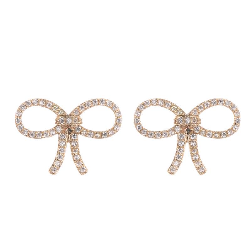 Elegant Bow Micro-inlaid Diamond Stud Earrings - Pure Copper, Creative Fashion Style