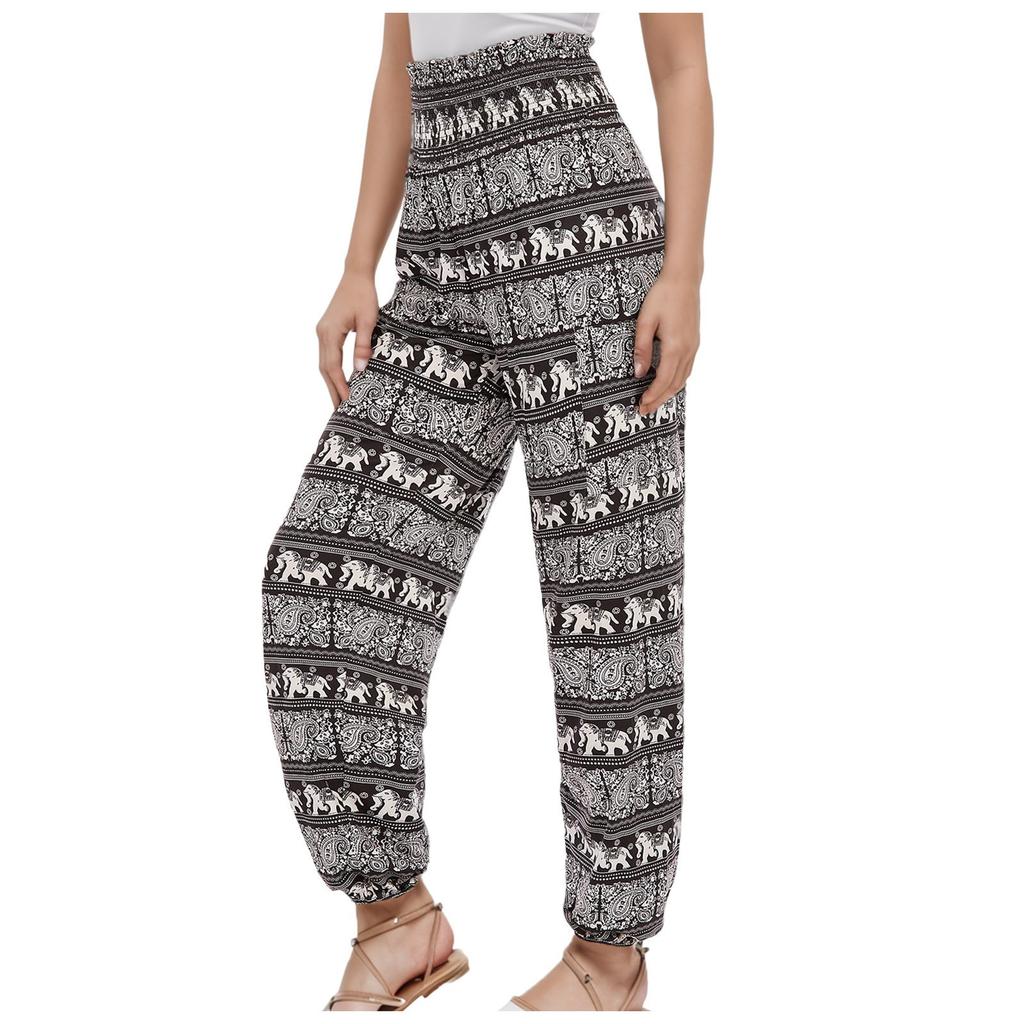 Women's Casual Flare Pants with Striped Digital Print – Trendy Boho Style