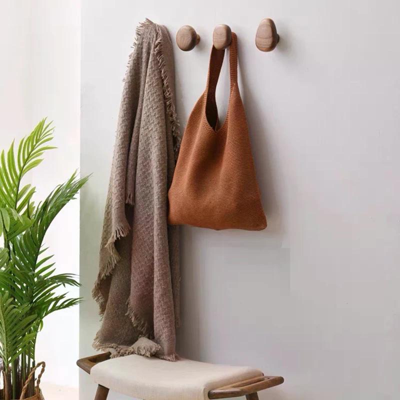 Solid Wood Handle Clothes Hook Coat Hook Wall-mounted Hook Punch-free Door Clothes Hanger Pebble Shape Cabinet Door