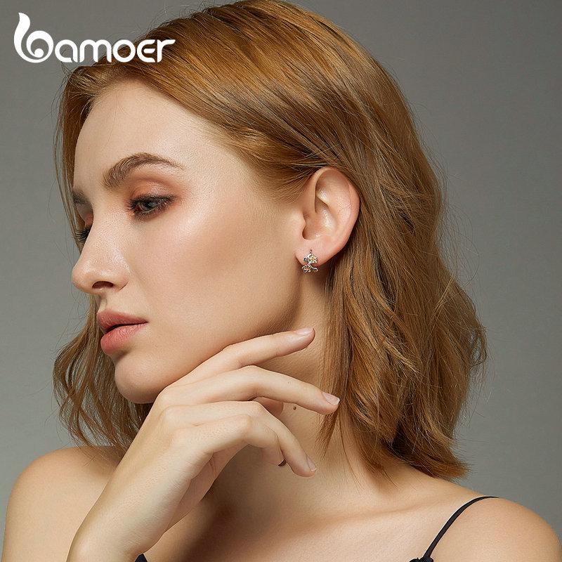 Bamoer Sakura Floral Branch Tiny Earrings Sterling Silver 925 Vivid 3D Flower Fine Bijoux Orecchini