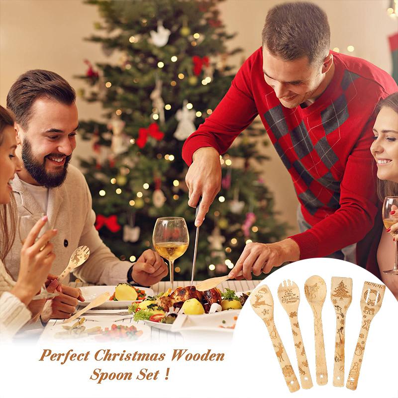 5 ks/sada Bambusové lžíce Kuchyně Vánoční potisk Ideální vánoční dárky Salátová špachtle Rodinné kuchyňské náčiní Pečení