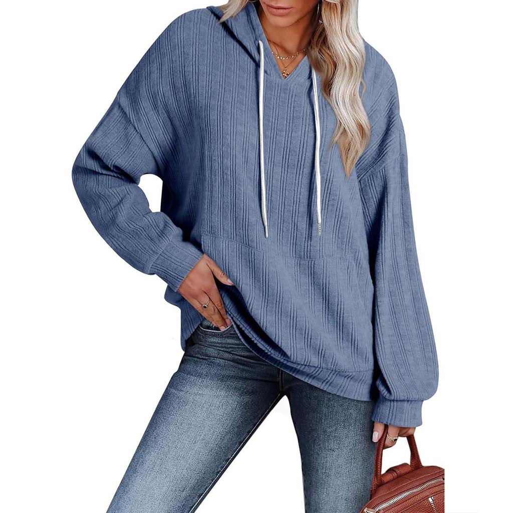 Fashionable Women's Casual Loose Color Long-sleeved Pocket Hooded Sweatshirt