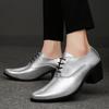 2024 Silverfärgade Högklackar Herr Klänningsskor Lyx Höjdökande Bekväma Bröllopsskor Spetsig Tå Snörskor Läderskor Man