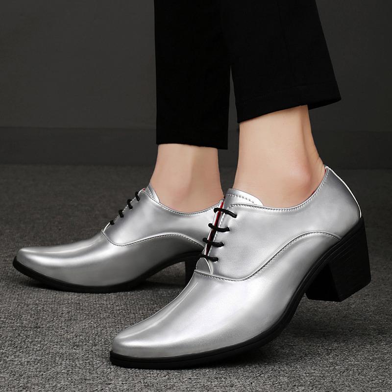 2024 Silverfärgade Högklackar Herr Klänningsskor Lyx Höjdökande Bekväma Bröllopsskor Spetsig Tå Snörskor Läderskor Man