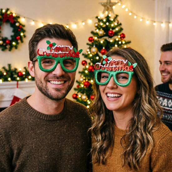 huaqianguhh Christmas Glasses, Glitter Holiday Party Glasses Frames, Santa Hat Tree Snowman Bear Funny Eyeglasses for Favors