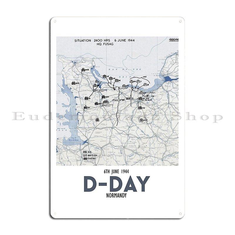 D-Day 6 czerwca 1944 Mapa Sytuacji w Normandii o Północy 6 czerwca 1944 Metalowy Znak Klub Projektowania Znak Blaszany Plakat