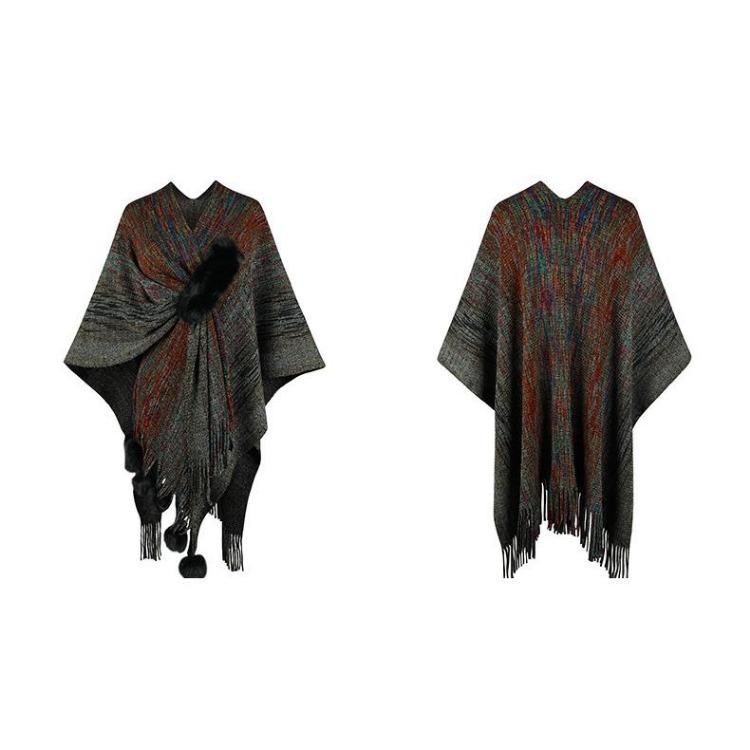 Women Autumn V-Neck Loose Knitwear Cardigan Bat Sleeve Cross Border Cloak Color Collision Sweater