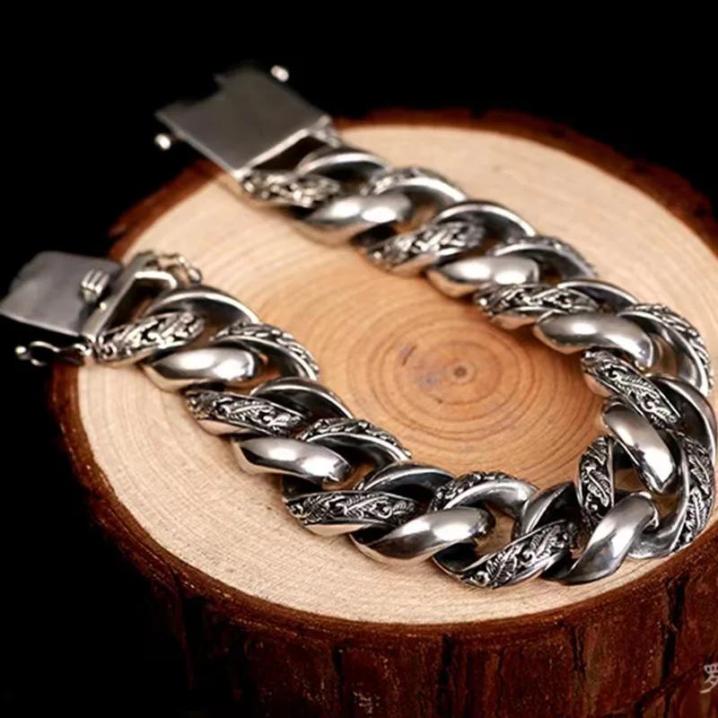 100% S925 Sterling Silver Trend Retro Fashion Cuban Charm Solid Bracelet Men's Cuff Trend Powerful Street Fashion Jewelry Gift