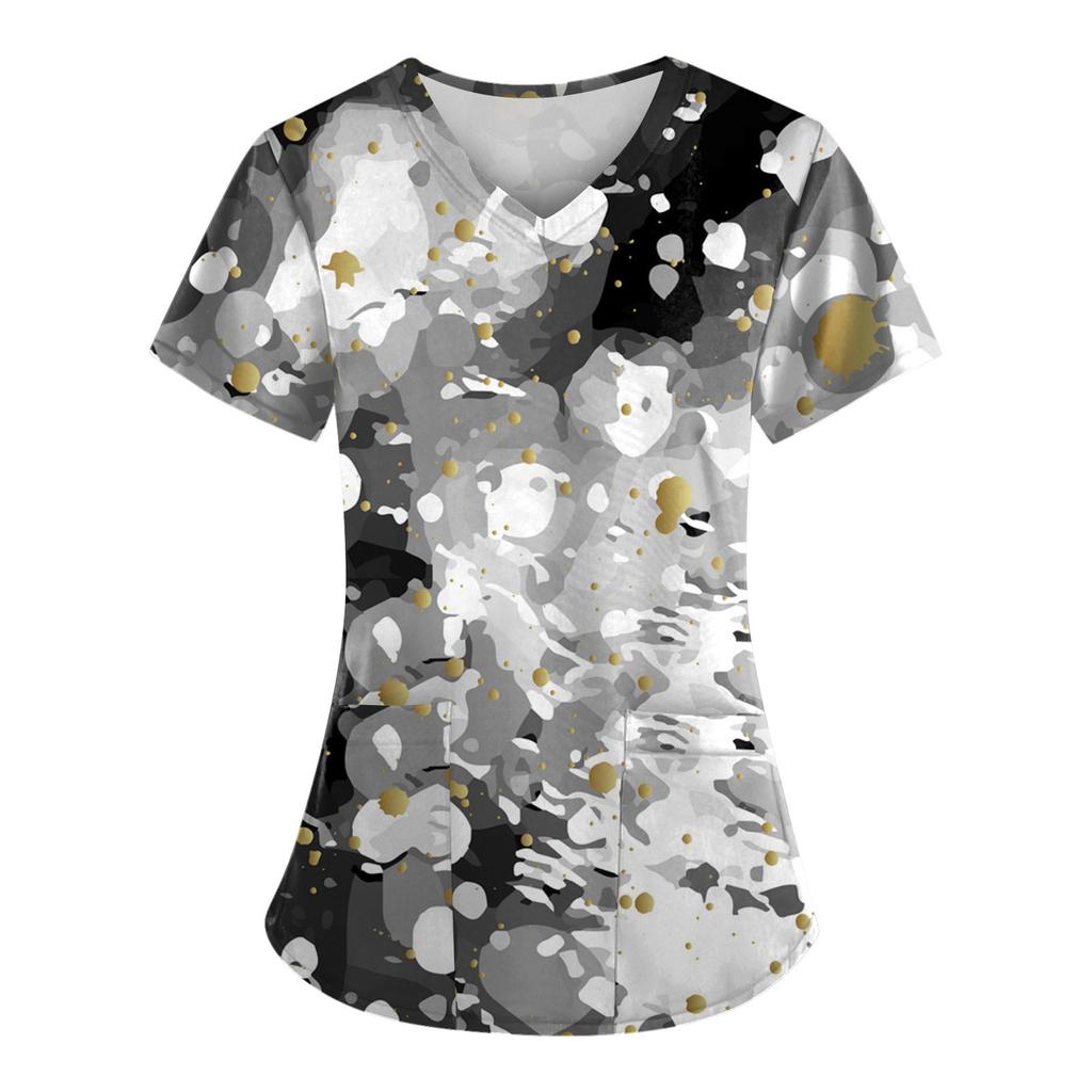 Women Fashion Spring And Summer Oil Painting Print V-neck Short Sleeve Workwear With Pockets Tops