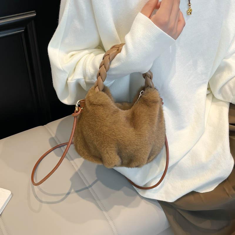 Fluffy Texture Vwrastile Crossbody Bag Women Winter Fashi Furry Bucket Bag with Braided Leisure Handle Shoulder Storage Bags