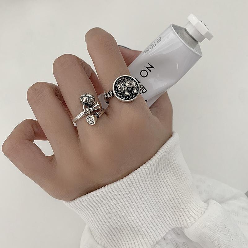 Artistic 925 Silver Open Ring With Vintage Elephant And Rose Pendant For Unique Gifts