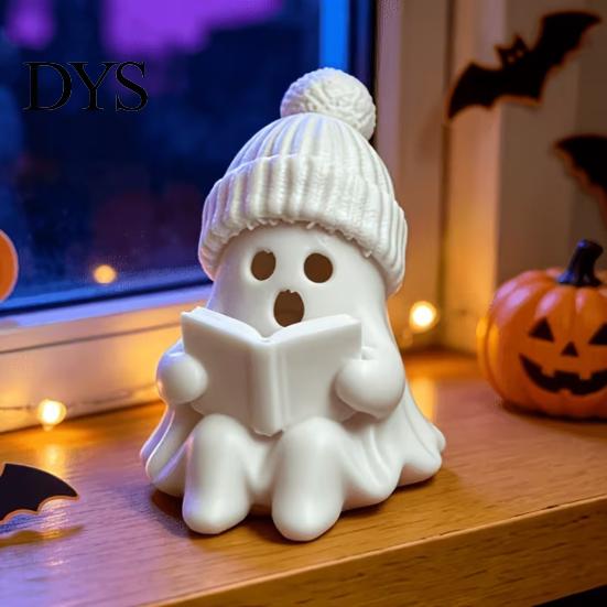 Unique Gift for Friends Cute Ghost Figurine, 3D Printed Reading Statue with Knit Beanie Creative Hat, Whimsical Halloween Christmas Desktop Ornament,