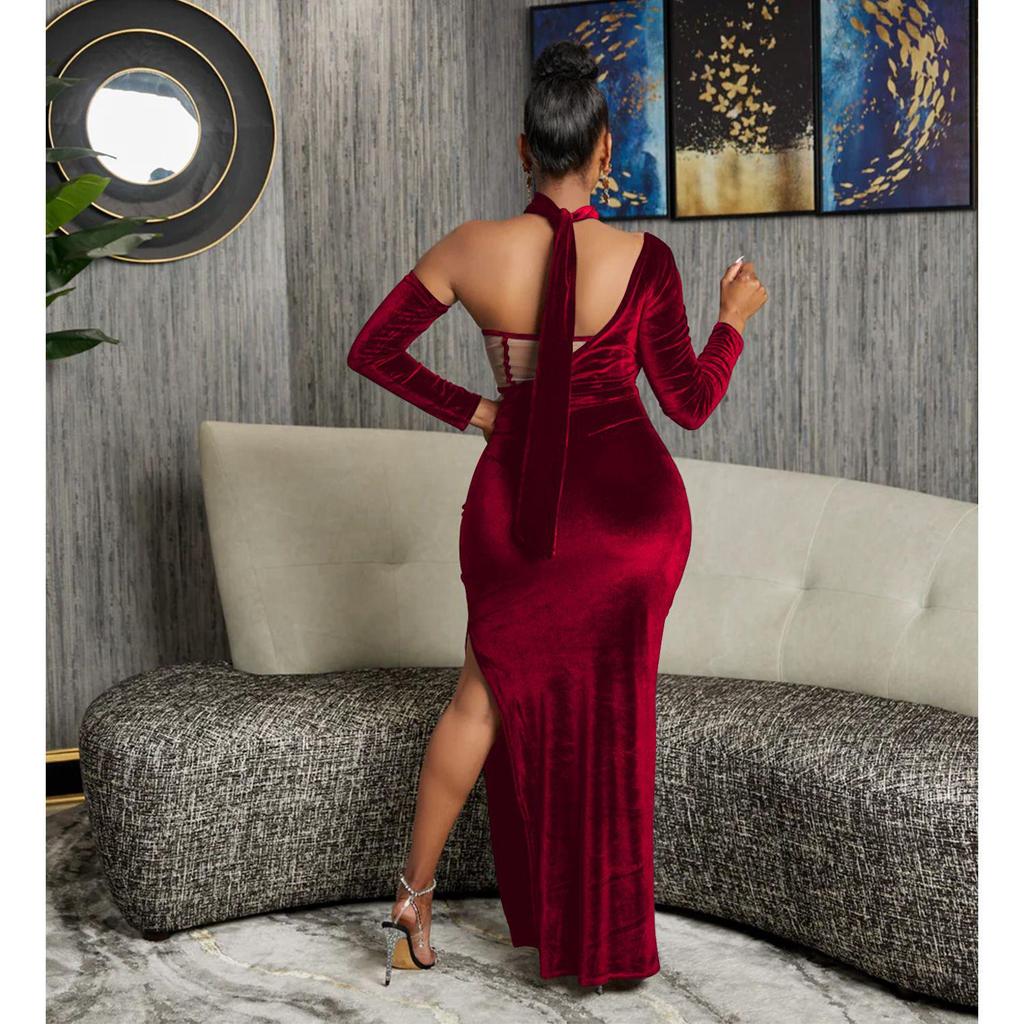 X6652 European & American Fashion Solid Color Women's Bandeau Evening Gown with Gloves