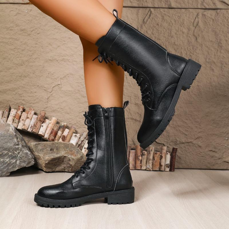 Botas de Invierno de Estilo Nuevo Europeo y Americano de Piel Genuina Suave Estilo Británico con Suela Gruesa con Cordones para Mujer