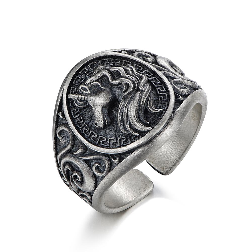 Retro Original Medieval Charger War Horse Emblem Ring Animal Crest Ring Versatile Men's Tail Ring